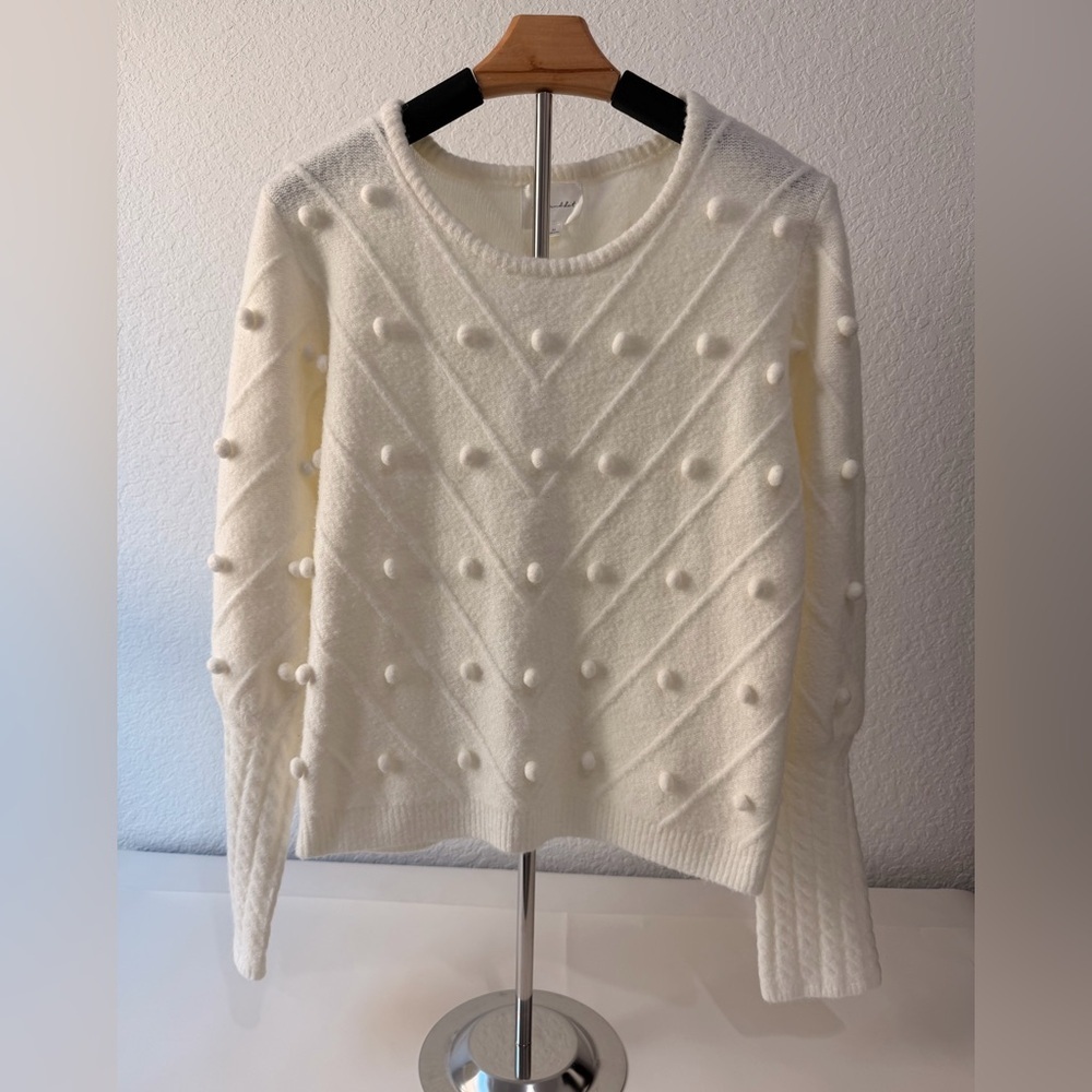 ✨ LINE and DOT White Pom-Pom Sweater – Whimsical Texture & Modern Romance ✨